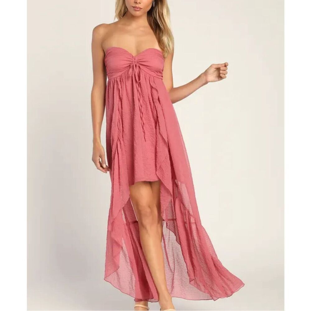 Lulus Airy Aura Rusty Rose Strapless Ruffled High-Low Dress Size XS
